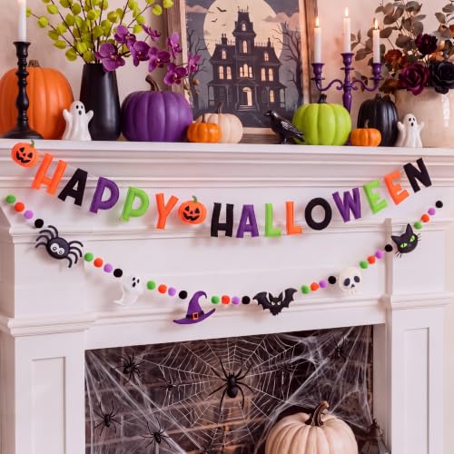 Halloween Felt Banner Set - Classic Halloween Party Decorations with 2 Banners & Pom Poms - Variation of Halloween 1