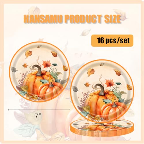 Fall Harvest Pumpkin & Maple Leaf Disposable Paper Plates - 16 Pack, 7 Inch Thanksgiving Party Dinnerware