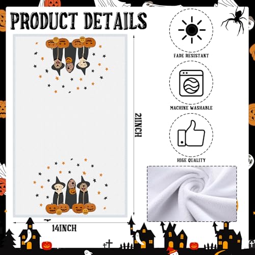 Halloween Dog Kitchen Towels Set of 4 - Fall Ghost Pumpkin Design, Microfiber, 14x21 Inches