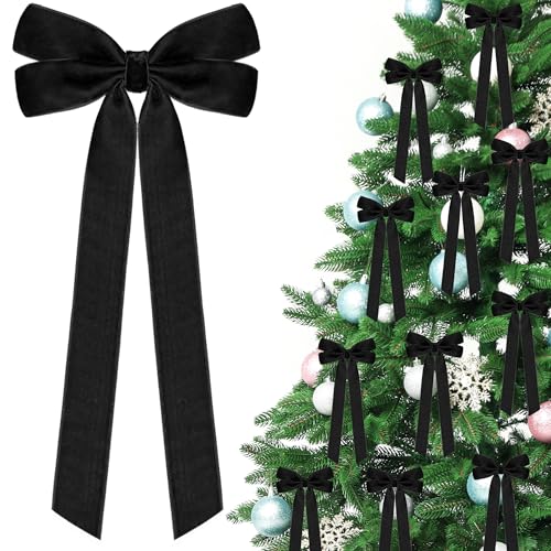 Black Velvet Bows for Christmas Tree Decorations - 12 Pack, Pre-Tied Holiday Ornaments