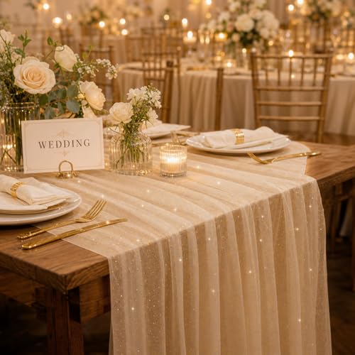 10pcs Fall Halloween Table Runner - Champagne Gold Metallic Sheer 10 ft - Windkream