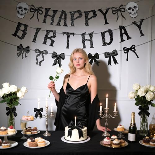 Gothic Black Bow Birthday Party Decorations Kit - Skeleton Banner & Garland