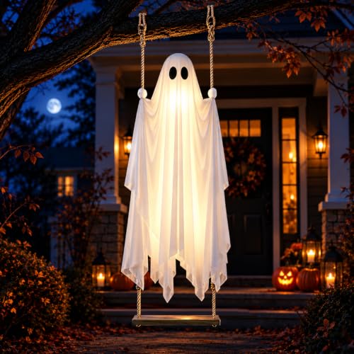Large Outdoor Hanging Ghost Decoration with Swing, Lighted Halloween Yard Decor