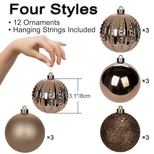 Bronze Christmas Ornaments Set 3.15 Inch - Shatterproof Holiday Decor 12 Pcs - Variation of Bronze / 3.15" / 12pcs