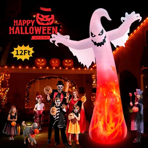 12FT Giant Halloween Inflatable Ghost with 3-Color Rotating Flame LED Lights