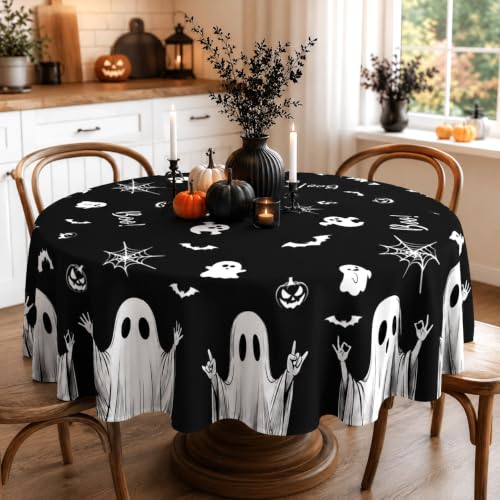 Black Spooky Ghost Halloween Round Tablecloth 60 Inch Washable Microfiber