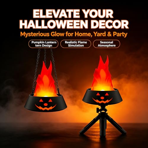 Halloween Flame Lantern Black & Red Pumpkin Hanging Light - Reusable Flame Effect