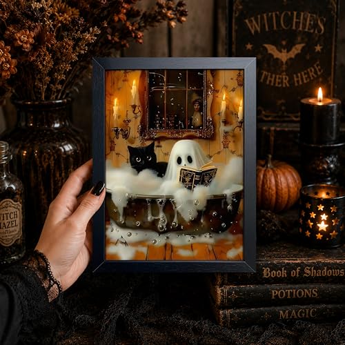 Halloween Ghost and Black Cat Wall Art - Framed 10x8 Inch Halloween Canvas Decor