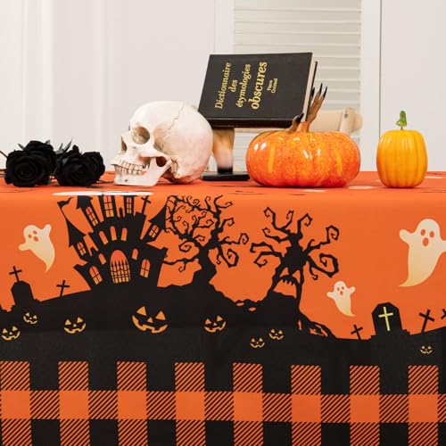 Halloween Tablecloth - Castle Ghost Design, Rectangular 60x102 Inch - Orange, Party Decor