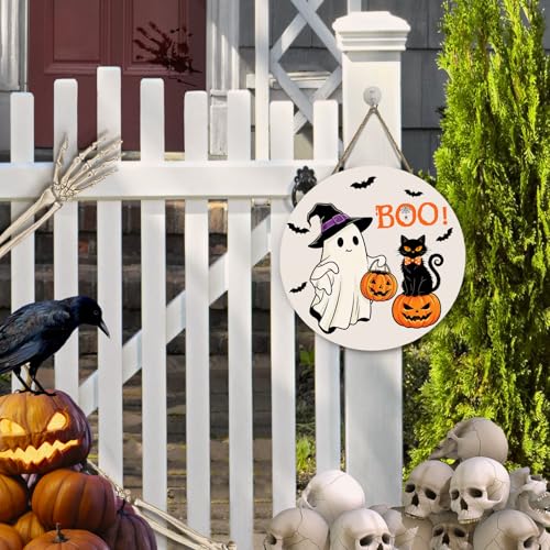 Halloween Boo Door Hanger Ghost and Black Cat Sign - 12x12 Inch Outdoor Wreath with Jack-o'-Lanterns and Bats - Black Cat Ghost Variation
