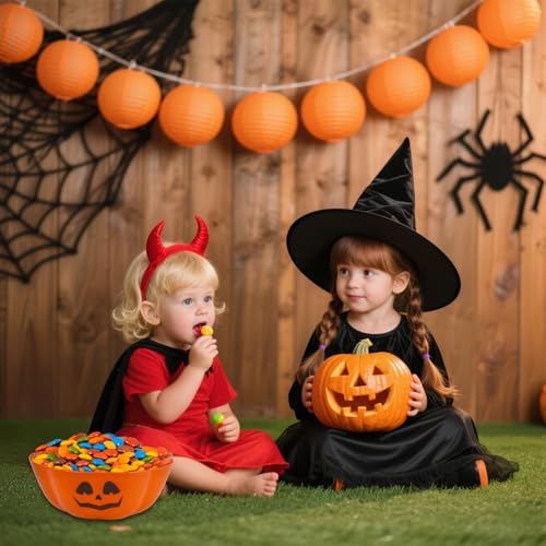 Large Halloween Candy Bowls Set of 4 - Reusable Plastic Pumpkin Trick or Treat Bowls, 11.6 Inch Orange