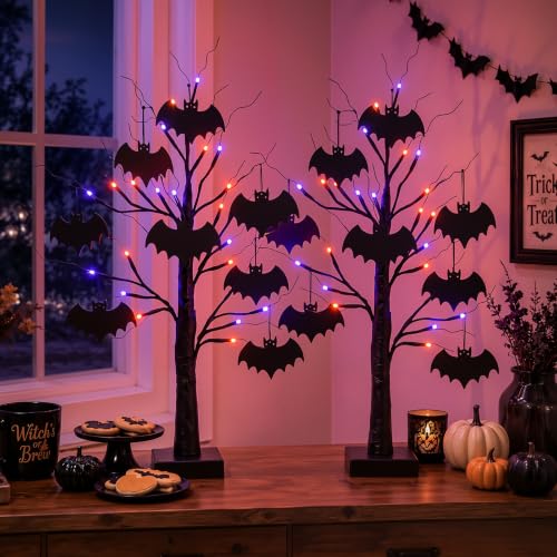 Indoor Halloween Black Tree Decorations Set - 24 Inch 2-Pack with LED Lights & Bat Ornaments