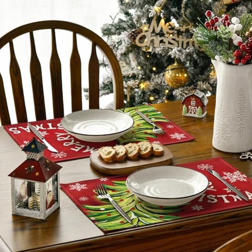 Christmas Pine Red Placemats Set of 4 - Holiday Table Decor for Dining & Parties
