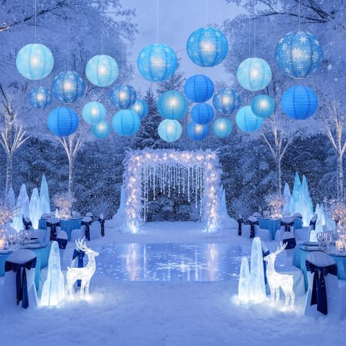 Panelee 12 Pcs Winter Snowflake Paper Lanterns - Blue 8 Inch Hanging Holiday Decor with Variation Blue Snowflake