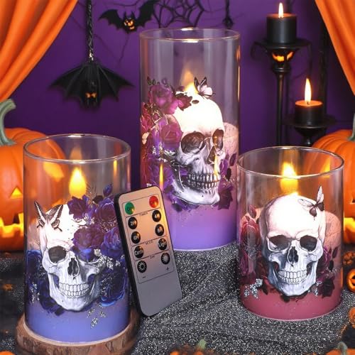 Halloween Flameless Candles Set of 3 Skull & Rose with Remote Timer - Indoor Decor