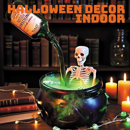 Cauldron Halloween Decor with Floating Potion Bottles & Skeleton Props - Witch Bucket Candy Bowl