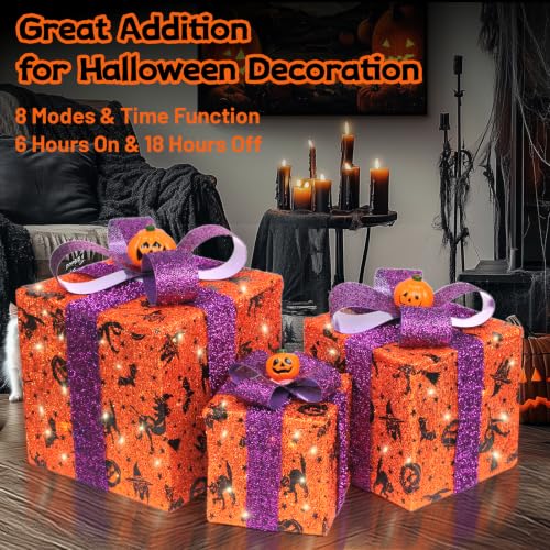Yudara Halloween Lighted Gift Boxes Set - Orange Bat Spider Web Pumpkin