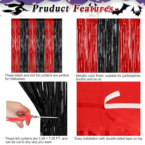 Halloween Foil Curtain Streamers - Black and Red Party Decorations, 4 Pack