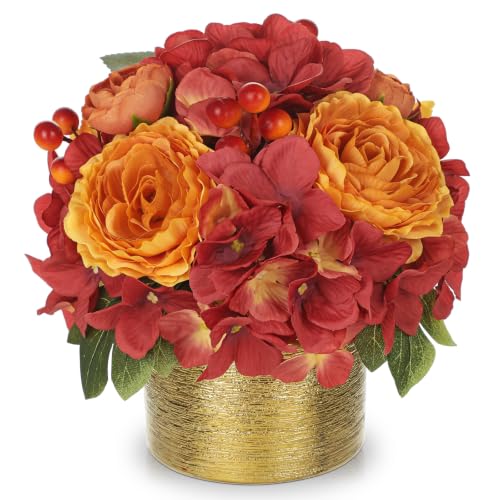 Artificial Fall Rose Hydrangeas with Golden Pot - Autumn Home Decor, Realistic Faux Flowers, Table Centerpiece