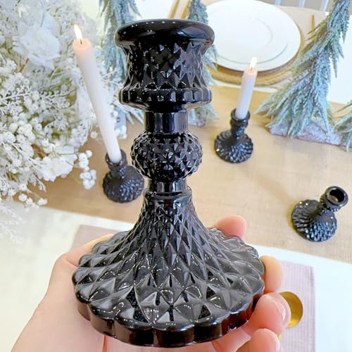 Black Glass Candlestick Holders Set of 6 - Taper Candle Holders with Elegant Design - Black Diamond Variation
