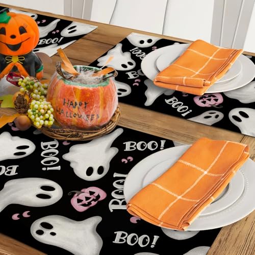 Halloween Ghost Placemats Set of 4 - Spooky Boo Table Decor 12x18"