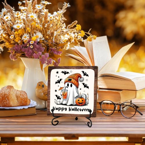 Cute Ghost Halloween Wooden Plaque with Metal Support - Home & Office Decor
