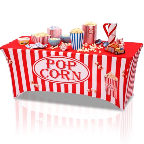 Popcorn Themed Stretch Table Cover - 6ft Concession Stand Tablecloth - Red & White Striped Popcorn Pattern - Variation: Popcorn