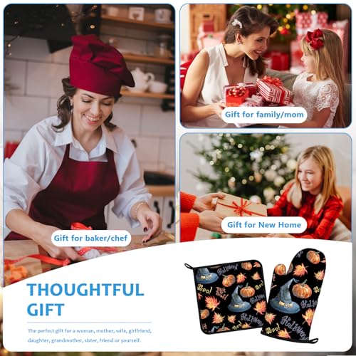 Halloween Pumpkin Autumn Maple Leaf Oven Mitts and Pot Holders Set - Heat Resistant Kitchen Baking & Grilling 4Pcs