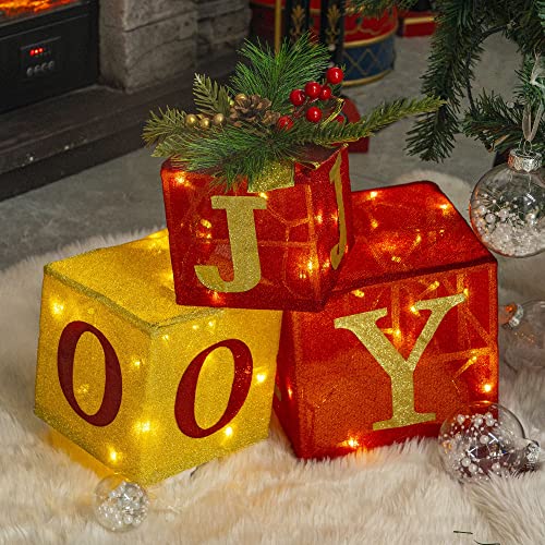Christmas Lighted Gift Boxes Set of 3 with White LED Lights - Joy Variation