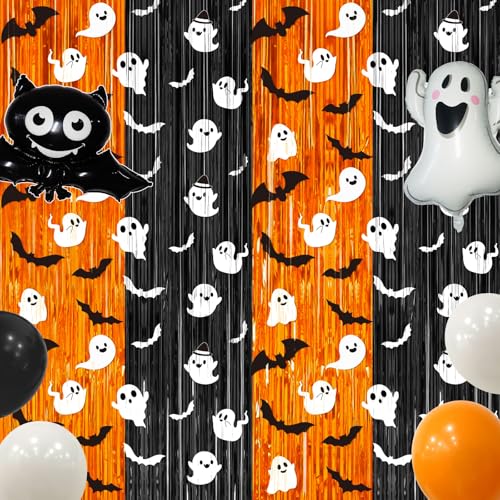Halloween Fringe Curtain Bat Ghost Pattern 2 Pack - 3.3 x 6.6 ft Photo Backdrop & Party Decor