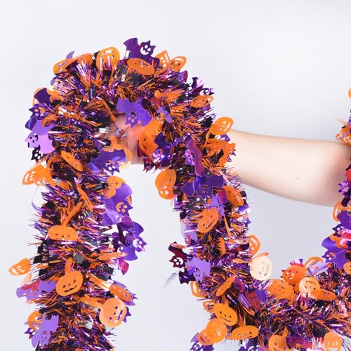 Halloween Tinsel Garland Party Decorations - 33FT Orange Purple Black with Pumpkins & Bats - Indoor Outdoor Decor