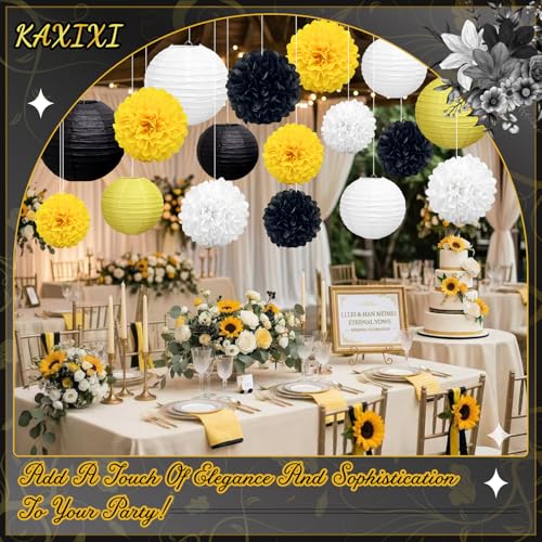 KAXIXI 15-Pack Black Yellow White Party Decorations Lanterns & Pom Poms - Variation Yellow Black White