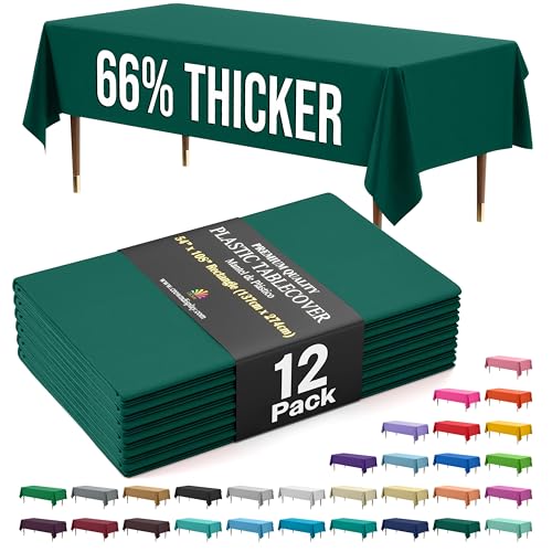 Disposable Plastic Table Cover 54x108 Inch Dark Green 66% Thicker 12 Pack