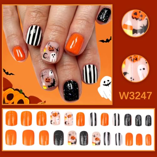 Halloween Press On Nails Short Square Fake Nails with Ghost Design - Purple Pink Black Variation 17