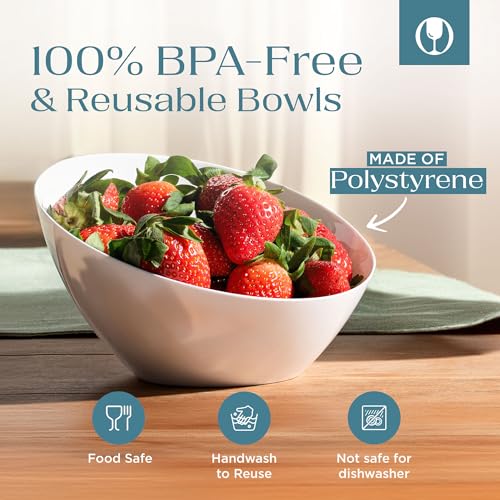 20 OZ Disposable Plastic Serving Bowls - White, Medium, Pack of 2 - Angled Design for Parties and Weddings