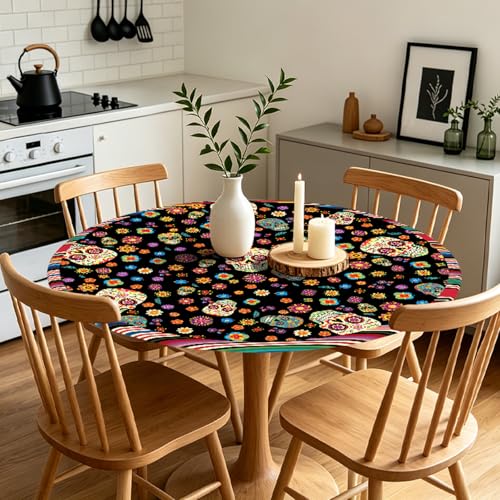 Halloween Skull Round Fitted Tablecloth with Elastic Edge - 44 Inch Orange Blue