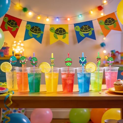 Reusable Green Turtle Drinking Straws Set with Cartoon Attachments for Kids Parties