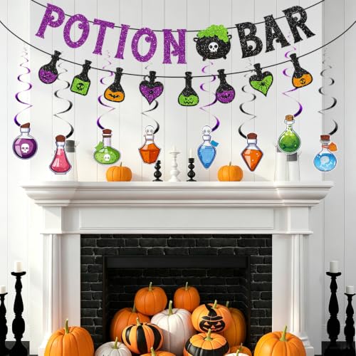 Halloween Potion Bar Banner with Glitter Swirls and Bats - Haunted House Party Decor