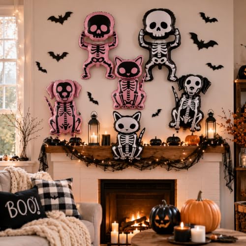 Halloween Skeleton Foil Balloons Set - 6 Black and Pink Skeleton Shape Decorations