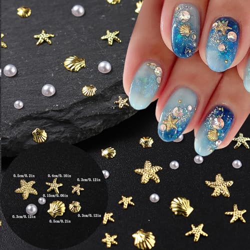 Summer Ocean Style Nail Charms Set - Gold & Silver Starfish & Seashells - 100 Pcs