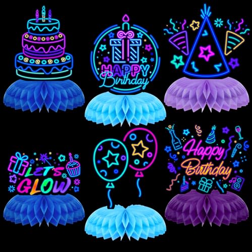 Glow Party Centerpieces Neon Birthday Decorations - 6 Pcs Vibrant Honeycomb Table Decor