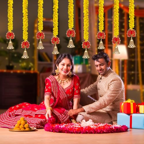 Artificial Lotus Flower Garland for Diwali Home Decor - Yellow, 5 Pcs