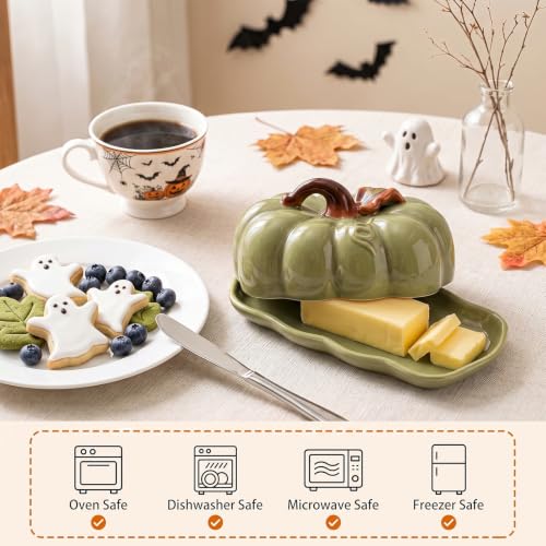 Green Pumpkin Butter Dish Set with Lid - Multi-Purpose Snack Plate for Kitchen & Holidays