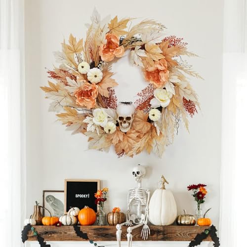 22-Inch Halloween Skull Wreath with Lights for Front Door & Indoor Decor