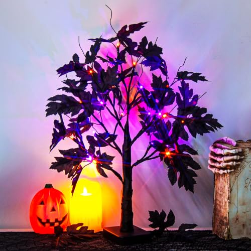 Indoor Halloween Tree Lights with Timer - 22-Inch Black Maple with Orange and Purple LEDs