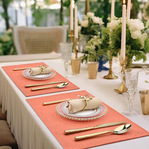 Orange Linen Fabric Placemats Set of 4 - Heat Resistant & Machine Washable