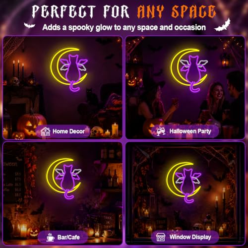 Purple MoonCat Halloween Bat Cat Neon Sign with Waving Wings USB Light