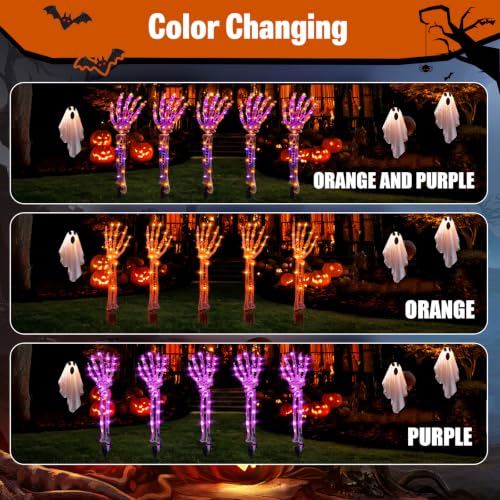 Solar Halloween Skeleton Hand Stakes - 5 Pack Purple & Orange LED Pathway Lights - Waterproof Outdoor Yard Decorations - Variation: Orange Skeleton Hands