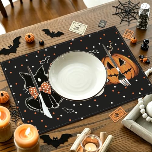 Black Halloween Table Placemats Set of 4 12x18 Inches Pumpkin Cat Ghost Decor