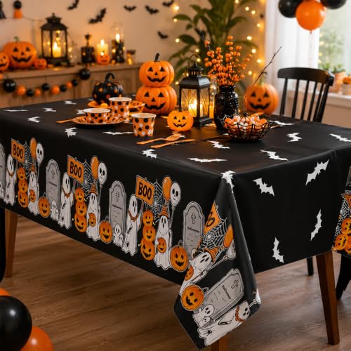 Disposable Halloween Tablecloth Set - Black Ghost Pumpkin Pattern, 8 Pack